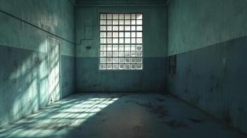 An eerie abandoned room basks in light streaming through a window, casting shadows on its weathered walls and floor, creating a haunting ambiance. photo