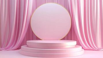 Elegant display platform with pastel pink aesthetics, complemented by luxurious draped fabric and a golden-rimmed circle backdrop, inviting allure. photo
