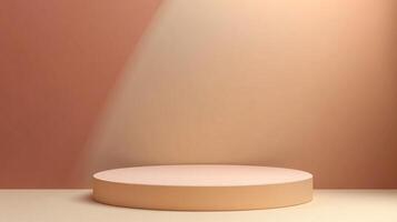 Minimalist display platform in soft peach tones, perfect for showcasing a single item under a gentle spotlight, creating an elegant studio look. photo