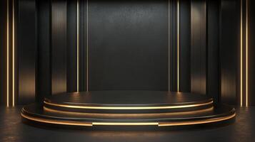 A sleek, two-tiered black platform with warm gold trim set against a dark backdrop with vertical gold accents for product presentation. photo