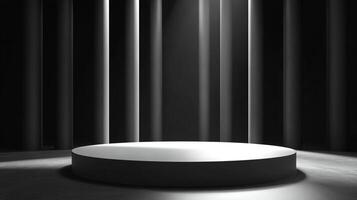 Monochrome presentation platform with modern cylindrical backdrop, illuminated by spotlight. Minimalist elegance for product displays. photo