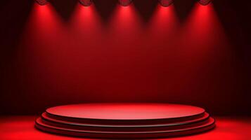 Striking stage with vibrant red lighting, creating a captivating atmosphere for performance or presentation. Round platform with tiered steps. photo