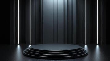 A sleek, dark presentation stage with layered platform illuminated by vertical light panels, creating a minimalist and modern backdrop. photo