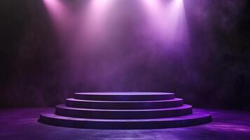 A captivating, three-tiered platform bathed in dramatic purple and pink stage lighting, beckoning for attention and setting the stage for spectacle. photo