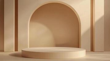 Minimalist display setup. The neutral tones and subtle shadows create a calming yet elegant backdrop. A circular platform takes center stage. photo