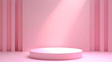 A soft pink monochromatic scene showcases a simple circular platform under a spotlight, framed by textured vertical lines and a clean backdrop. photo