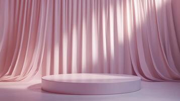 Elegant stage setup featuring a smooth, pink circular platform against a backdrop of gently draped curtains with soft, diffused lighting. photo