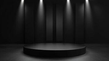 A sleek, minimalistic black platform is illuminated by spotlights, creating a sophisticated and modern space for showcasing products or art. photo