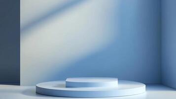 Minimalist round podium display against a blue wall, bathed in soft light and shadows, showcasing a clean and modern presentation. photo