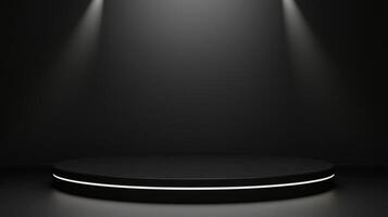 Sleek black podium with minimalist design, illuminated by spotlights. Ideal for product showcases and elegant displays. photo