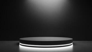 Minimalist round platform on gray surface with a gray backdrop and subtle lighting. Ideal for showcasing products or art in a modern context. photo