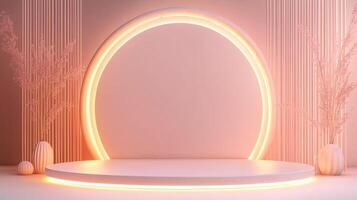 Elegant pink display stage with a luminous circular backdrop, complemented by vases holding delicate floral arrangements, a study in soft lighting. photo