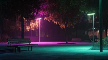 A tranquil night scene featuring vividly colored street lights illuminating a quiet park with benches and surrounding trees at nighttime. photo