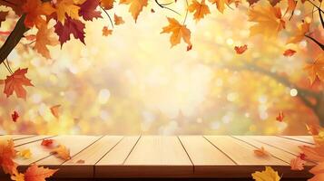Fall foliage and light, creating a backdrop on a wooden surface filled with maple leaves and bokeh light, setting an idyllic autumn scene. photo