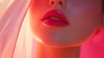 Close-up of pink lips with gloss. Warm lighting and sheer fabric add to the beauty and glamour of the shot. Sensual and captivating. photo