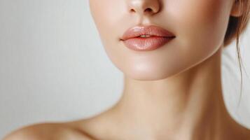 Close-up shot showcasing a woman's face, highlighting the smooth skin and plump, glossy lips in a beauty and skincare context. Perfect skin. photo