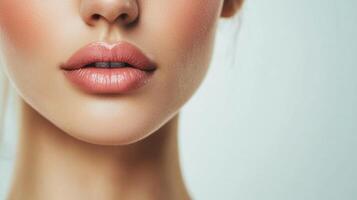 Close-up of a woman's face showcasing full, pink lips with a glossy finish and subtly contoured cheeks for a natural, glamorous look. photo