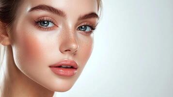 Close-up of a model with glowing skin, flushed cheeks, freckles, full brows, and long lashes. She is looking at the camera. photo