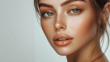 Close-up portrait showcasing radiant skin, defined brows, and glossy lips, creating a captivating beauty statement with soft, flawless makeup. photo