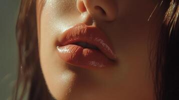 Close up of a woman's face featuring glossy lips, showcasing skincare details and a glowing complexion. Focus on beauty aesthetics. photo
