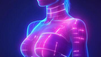 Neon body scan rendering, futuristic wireframe woman torso in glowing neon, high-tech futuristic concept in abstract technology art photo