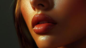 Close-up of lips and skin, enhanced with shimmering gloss, shows off beauty and skincare trends in a minimalistic composition. photo