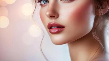 Close-up of a beautiful woman with blue eyes, perfect skin, and glossy lips. Soft, diffused lighting and bokeh effect in the background. photo