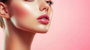 Radiant beauty portrait featuring a youthful, fair-skinned model with glowing complexion, glossy lips and delicate blush on a pink background. photo