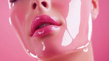 Close-up of a person's face covered in a glossy, light pink coating, lips are accentuated with vibrant color, set against matching pink background. photo