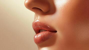 Close-up shot highlighting glossy lips, radiant skin, and natural facial features in a beauty-focused composition on a neutral background. photo