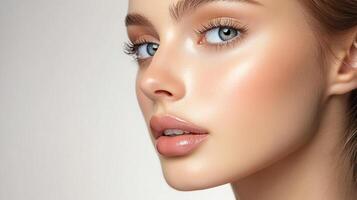 Close-up portrait of a fair-skinned woman with light eyes. Perfect skin, glossy lips, and delicate features in soft, flattering lighting. photo