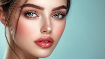 Close-up portrait showcasing a young woman's flawless complexion, expertly applied makeup and captivating blue eyes, set against a serene backdrop. photo