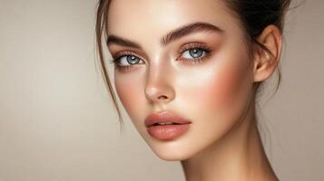 Close-up portrait showcasing a young woman with light eyes and flawless skin, enhanced by professional makeup application. photo