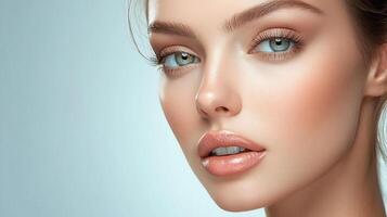 Close-up of a young woman with light eyes and professionally applied makeup on a light blue background. Beauty and skincare promotion. photo
