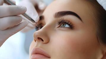 Close-up of a woman receiving an eyebrow procedure. The gloved hand of a technician uses a tool on her brow for a cosmetic treatment. photo