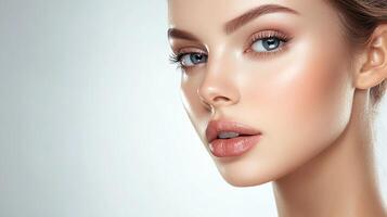 Flawless face of a beautiful young woman with soft skin and blue eyes. Perfect eyebrows and lips. Isolated against a clean background. photo