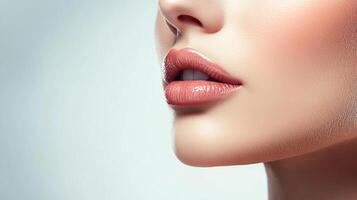 Close-up of a woman's face showcasing her lips, nose and smooth skin against a soft grey backdrop, emphasizing beauty and skincare. photo