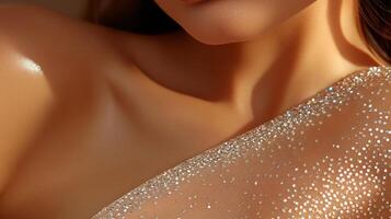 Close-up highlighting the shimmering fabric draping a person's shoulder and neck, catching the light with a delicate glow. photo