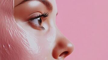 Woman receiving a facial treatment with a sheet mask. Close-up, her eye is visible. The background is plain pink. photo