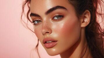 Close-up beauty shot of a woman with freckles and glowing skin. The composition highlights her natural features against a soft backdrop. photo