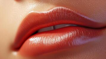 Close-up of luscious, glossy lips with a vibrant coral color, highlighted by natural light creating a plump, full, and healthy look. photo