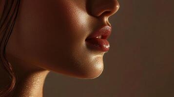 Close-up of a person's face showing soft features with glossy lips and skin reflecting light creating a radiant glow. A beauty shot. photo