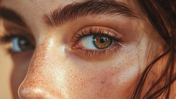 Close-up showcases a radiant eye with a mosaic of brown and green, framed by lush lashes and a defined brow. A portrait of natural beauty. photo