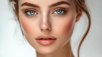 Close-up of a woman's face with makeup showing light blue eyes and a natural looking color of blush and eye shadow for a soft portrait. photo