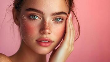 Close-up of a beautiful woman with glitter makeup against a pink backdrop, showcasing modern aesthetics and artistic cosmetic design. photo