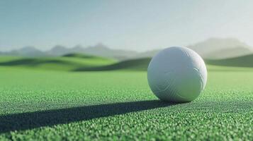 Close-up of a textured white ball on vibrant green grass, casting a sharp shadow on a sunny day with rolling hills in the distance. photo
