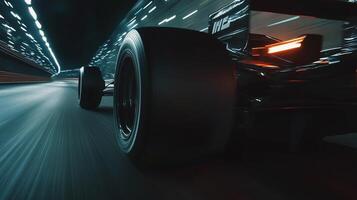Sleek racing car speeds through a modern tunnel, with focus on wheels and blurred motion enhancing the high-speed sensation. photo