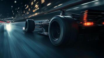 A high speed shot of a race car speeding along a track at night, the blurred background gives a sense of motion and the thrill of racing. photo