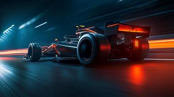 Sleek racecar speeds forward, motion blurs create a sense of velocity, highlighted by blue and orange neon lighting on the dark, reflective surface. photo