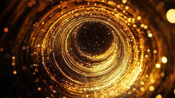 Golden abstract tunnel with glowing light trails, creating a mesmerizing visual effect of depth and wonder. A gateway to the unknown. photo